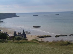 Remains of a Mulberry harbor are seen from above Arromanches.