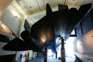 An SR 71 Blackbird spy plane greets visitors in the lobby of the Cosmosphere.